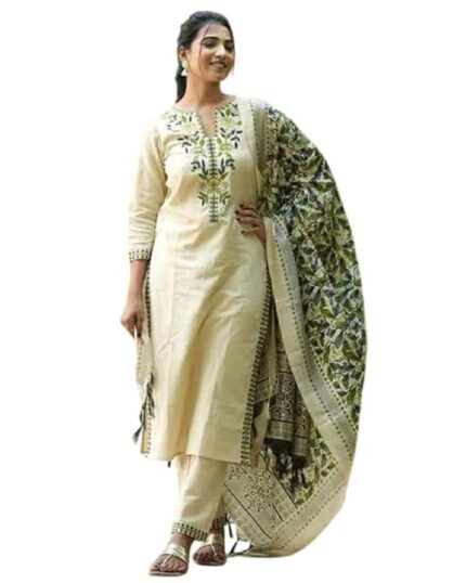 South Cotton Embroidered Kurta with Pant & Dupatta Green