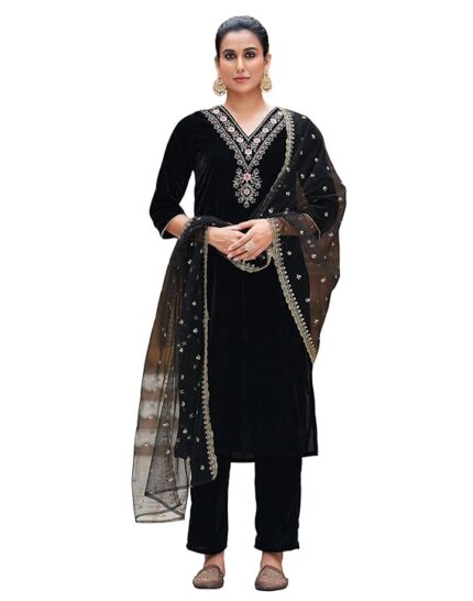 Velvet Sequence Embroidery Straight Kurta Pant with Dupatta Set