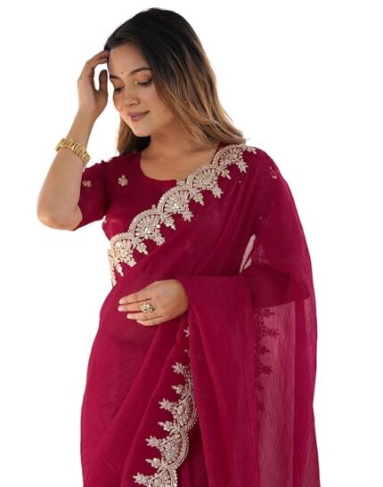 Shimmer Chiffon Sequence Embroidery Border Saree With Unstitched Blouse Piece