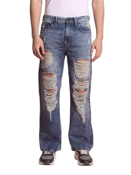 Men's Distressed Denim Jeans, Heavily Ripped Design, Relaxed Fit, Light Blue Wash