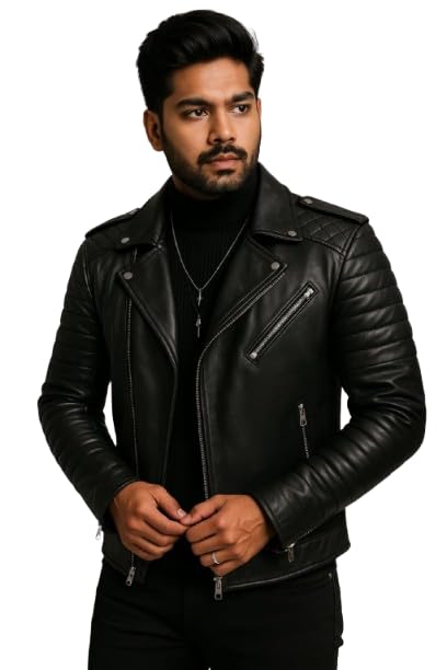 Premium Quilted Leather Motorcycle Jacket, Black, Zip Details, Ribbed Sleeves