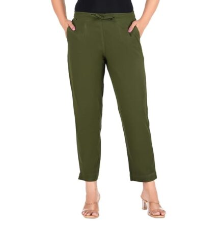 Woman Trousers Pants Cotton Solid Regular Fit Half Elastic Waist Kurti Pant Daily Office Wear Formal Casual Use