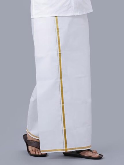 Men Cotton Double Layer White dhoti with Gold jari Border