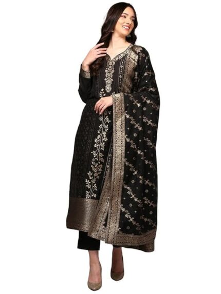 Women's Chanderi Ethnic Motifs Woven Design Straight Kurta Pant With Dupatta With Cotton Inner