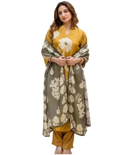 Women's Cotton Kurta Pant Dupatta Set | Mustard Yellow Kurta Set for Women | Turmeric Yellow 3-Piece Suit Set | Festival Ethnic Dress