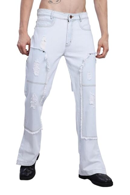 Men’s Light Blue Ripped & Frayed Flared Jeans – Distressed Streetwear Denim