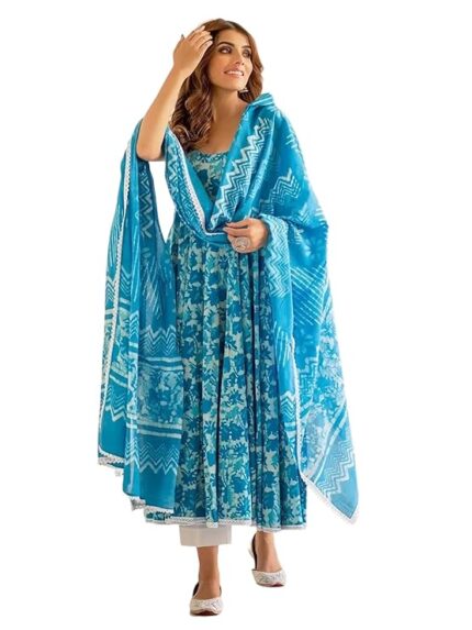 Women's Cotton Blend Floral Printed Anarkali Kurta Pant with Dupatta Set ll Round Neck ll Blue Kurta Set