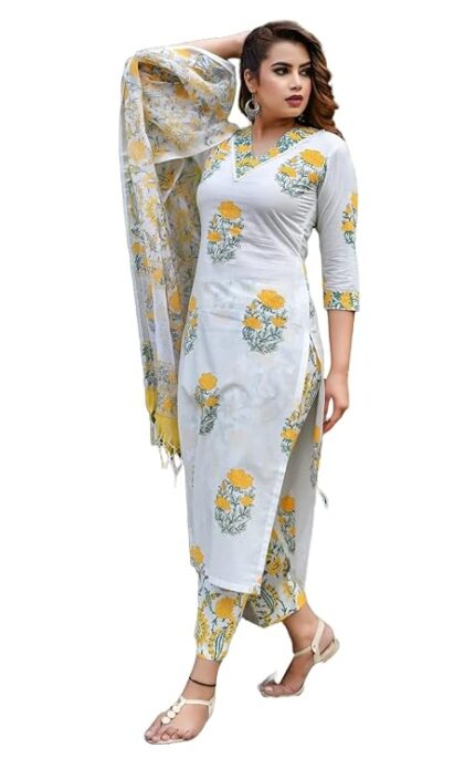 Women Straight Block Printed Kurta and Pant Set with Dupatta