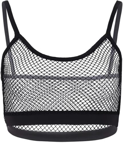 Women Mesh Sports Bra, Black Fishnet Design, Spaghetti Straps, Crop Top style