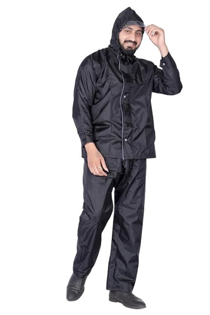 Waterproof Polyester Double Layer Standard Length Rain Coat For Men Bike with Pants, Adjustable Hood