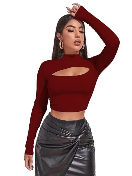Women's & Girl's Solid Knitted Full Sleeve High Neck Ruched Bust Crop Tee Tops