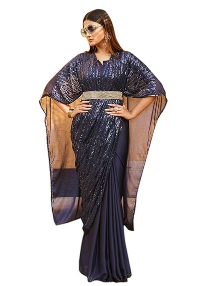 Women's Georgette Blend Sequinned Kaftan Saree With Belt