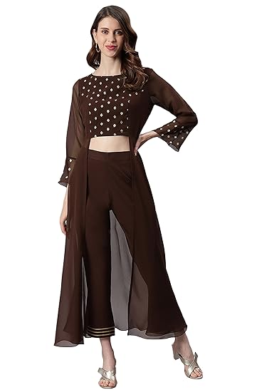 Women's Brown Georgette Ethnic Motifs Kurta Set