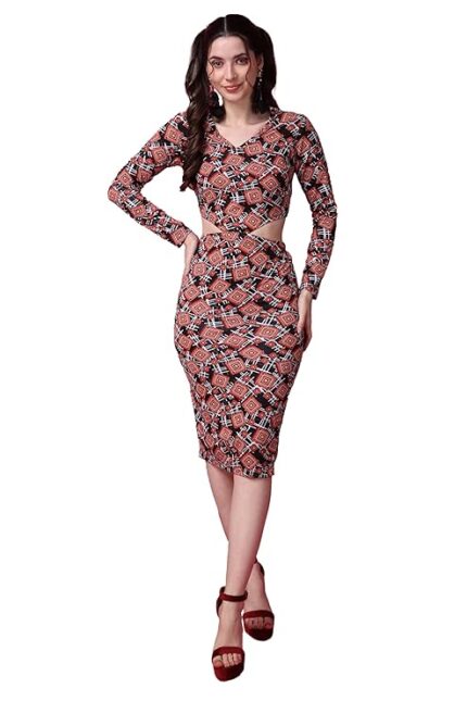Printed Bodycon Cutout Dress for Women | Polyester Knee Length Dress for Women | Stylish Western V-Neck Full Sleeves Dress for Women