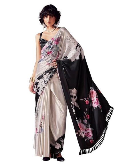 Women's Satin Two Way Floral Black Saree With Un-stitched blouse