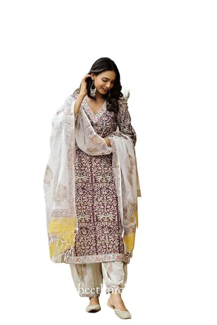 Women Cotton Blend Salwar Suit Set Fashionably Traditional, Comfortably Chic: Embrace Fashion with Our Ethnic Sets