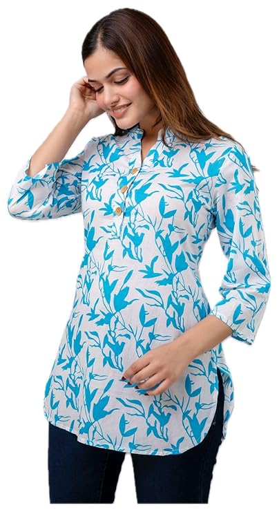 Printed Short Kurti for Women | Stylish Tunic Top with Collar Neck | Fashionable Regular & Relaxed Fit Designer Cotton Kurti