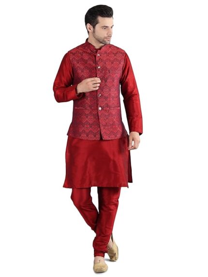 Men's Silk Blend Kurta Pajama with Designer Ethnic Nehru Jacket/Modi Jacket…