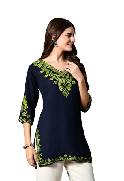Short Kurti for Women on Jeans, V-Neck,Floral Design,