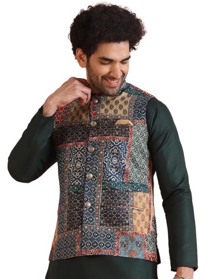 Men's Ethnic Wear Regular Fit Printed Cotton Blend Multi-Maroon Nehru Jacket