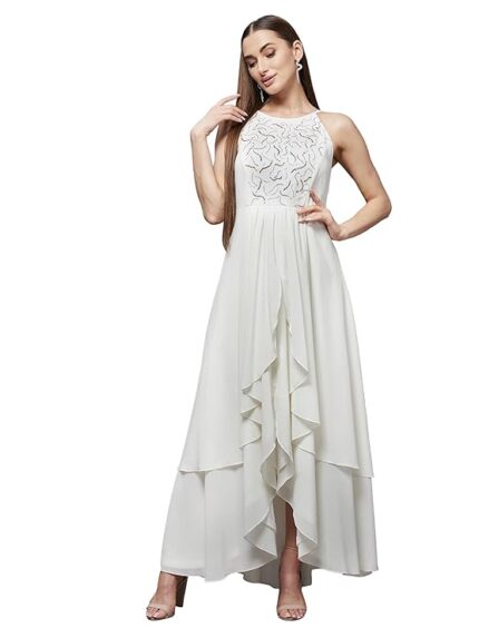 Women's Off White Round Neck Sleeveless Solid Embellished Maxi Dress