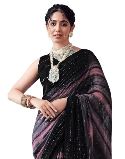 Women's Georgette Printed Zari Stripe Saree With Unstitched Blouse Piece