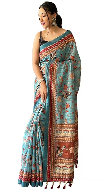 Pure Malai Cotton Digital Printed Saree With Big Border Tassels and Blouse
